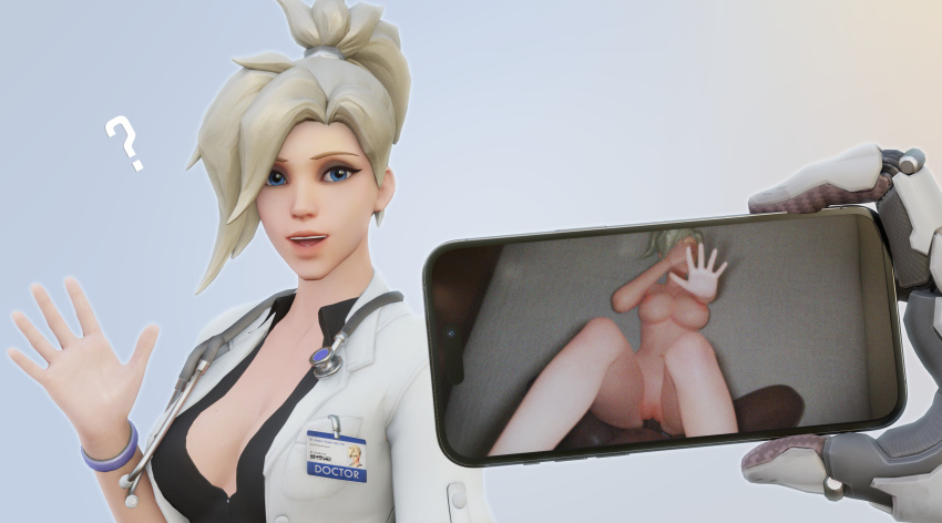 1girls 2boys 3d angela_ziegler blonde_hair blue_eyes cellphone cellphone_picture cleavage dark-skinned_male doctor exposed_breasts exposed_nipples exposed_pussy female genji hiding_face ineffective_identity_concealment interracial juxtaposition looking_at_viewer mercy netorare nude overwatch overwatch_2 penetration phone phone_screen photo photo_comparison photographic_proof pov ruined_reputation rwt4184 unseen_male_face