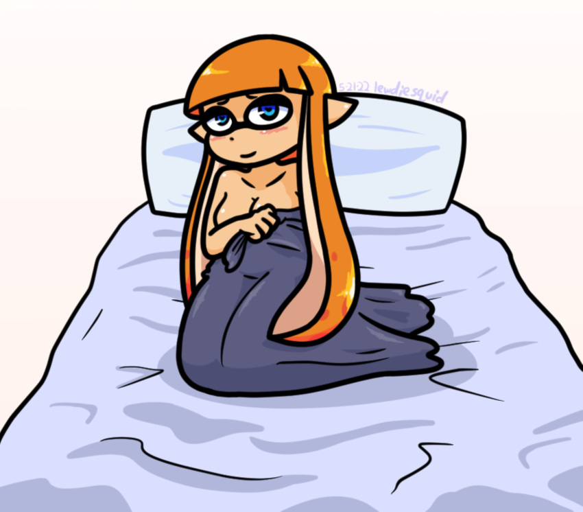 bed blanket blue_eyes covering covering_breasts happy inkling inkling_girl lewdiesquid nude orange_hair splatoon