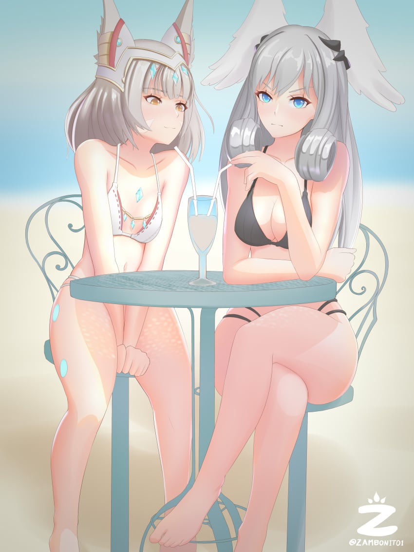 2girls absurd_res bare_shoulders barefoot beach beverage black_bikini black_swimsuit blue_eyes breasts cat_ears catgirl chair circlet cleavage core_crystal drink drinking_glass drinking_straw feet_out_of_frame female female_only highres long_hair medium_breasts melia_antiqua milf nia nia_(xenoblade) nintendo queen royalty sharing short_hair small_breasts smile straw swimsuit table thick_thighs thighs twintails very_long_hair water white_bikini white_swimsuit wide_hips wings xenoblade_(series) xenoblade_chronicles xenoblade_chronicles_2 xenoblade_chronicles_3 yellow_eyes zambonito