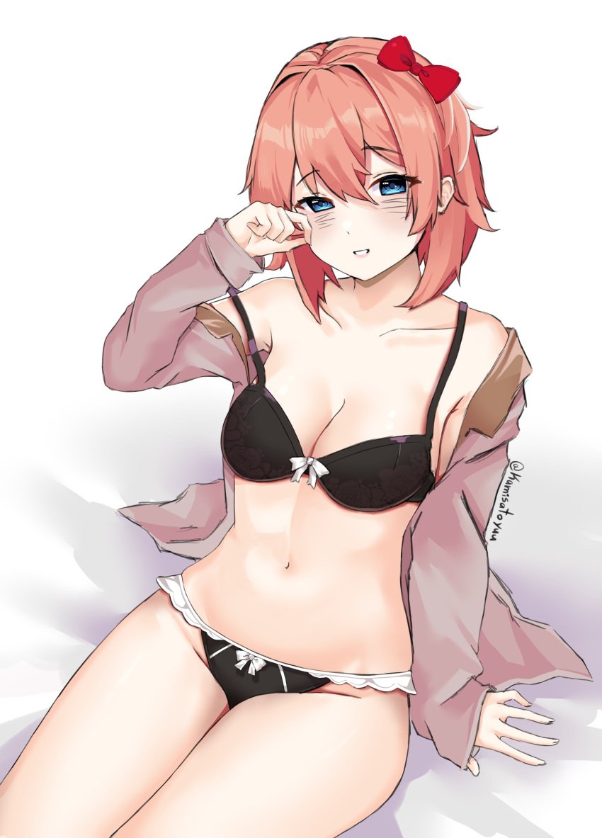 1girls black_bra black_panties blue_eyes blush bow bra doki_doki_literature_club eyebrows_visible_through_hair female just_sayori kamisato_yuu light-skinned_female light_skin looking_at_viewer orange_hair panties pov pov_eye_contact red_bow sayori_(doki_doki_literature_club) school_uniform solo uniform