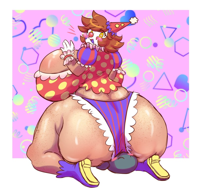 1girls a_hat_in_time anon aspenofsimpcon blush brown_hair clown clown_girl facesitting freckles huge_ass huge_breasts hyper hyper_ass hyper_breasts prince_(ahit) rule_63 short_hair thick_thighs