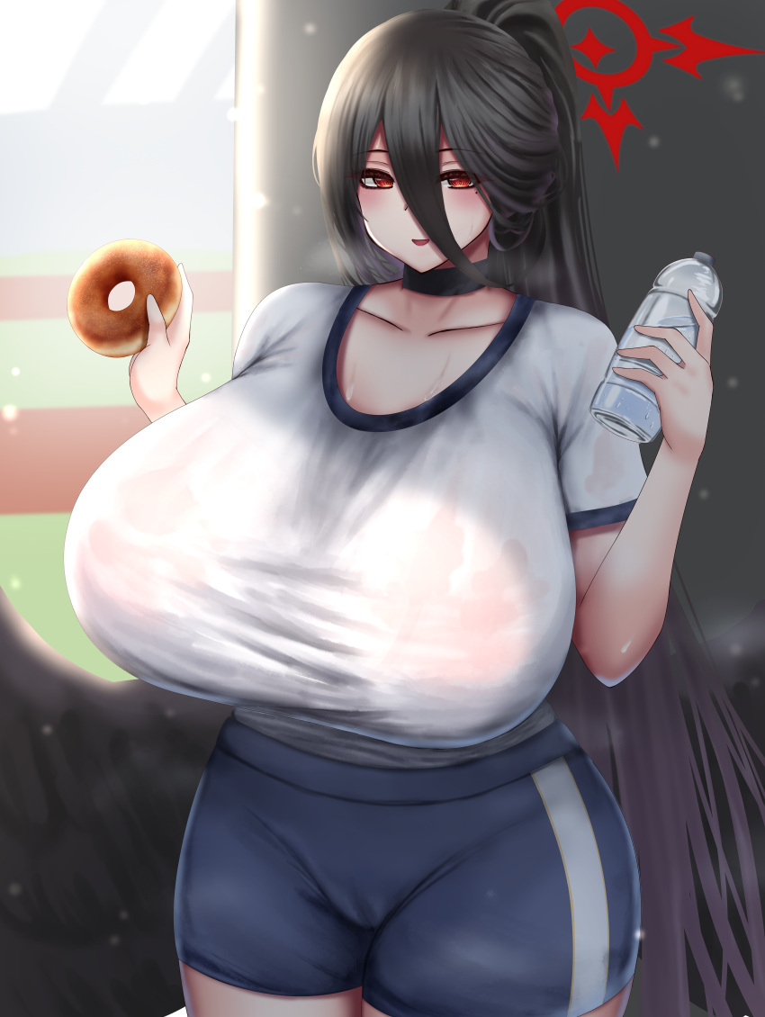 absurd_res alternate_version_at_source blue_archive breasts cameltoe choker donut food gym_shorts gym_uniform halo hasumi_(blue_archive) hasumi_(gym_uniform)_(blue_archive) hi_res huge_breasts hyper long_hair ponytail red_eyes shorts very_long_hair water_bottle zetsuhei_no_roran