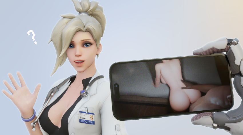 3d angela_ziegler blizzard_entertainment blonde_hair blue_eyes cellphone cellphone_picture cleavage dark-skinned_male dark_skin doctor exposed_ass female from_behind genji highres ineffective_identity_concealment interracial juxtaposition mercy nude overwatch overwatch_2 penetration phone phone_screen phone_view photo photo_comparison photographic_proof pov ruined_reputation rwt4184 sex sideboob unseen_male_face