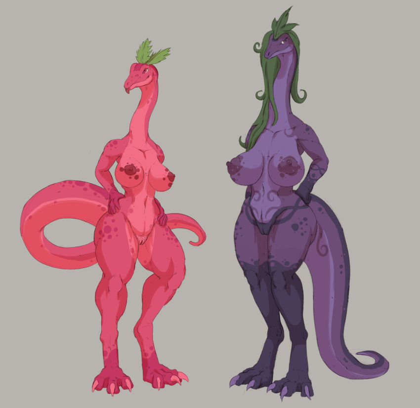 anthro blep claws dinosaur duo female genitals green_hair grey_background hair hi_res humanoid_genitalia humanoid_pussy long_neck mouth_closed nipples nude pink_body pink_breasts pink_claws pink_pussy purple_body purple_breasts purple_claws purple_nipples purple_pussy pussy red_body red_eyes red_nipples red_tongue reptile scalie simple_background standing theropod tongue tongue_out unsigned upai