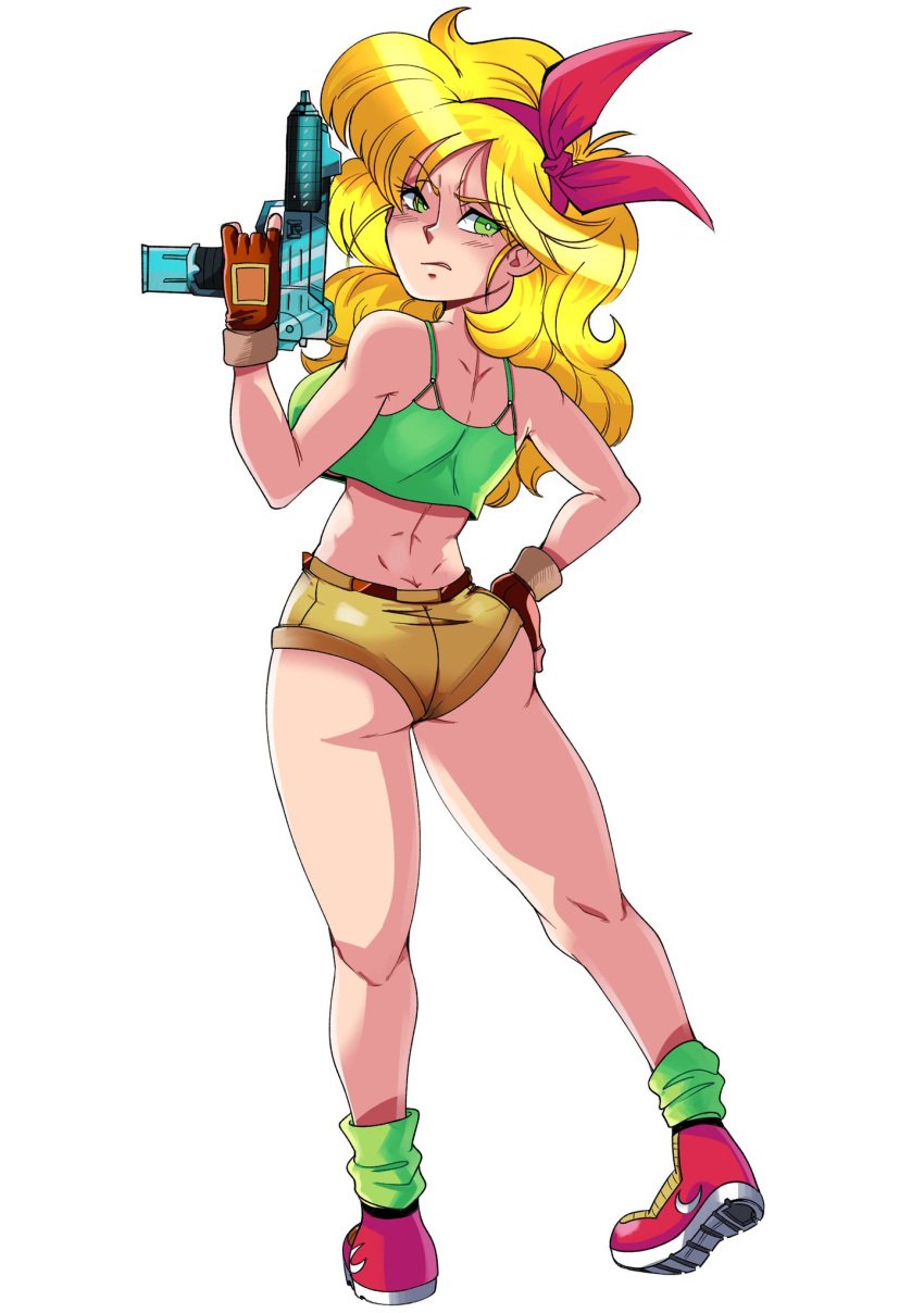 ass bad_launch blonde_hair bubble_butt buns curly_hair dragon_ball gun hand_on_hip launch legs looking_back lunch_(dragon_ball) radlionheart ribbon ribbon_in_hair short_shorts shorts tank_top tight_shorts