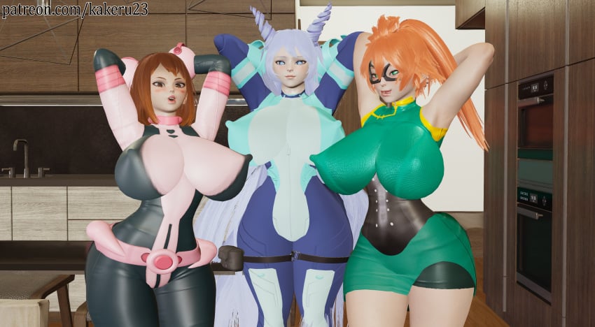 3d 3girls big_ass big_breasts bursting_breasts erect_nipples female female_only hadou_nejire huge_breasts itsuka_kendou kakerumz kendou_itsuka long_hair multiple_girls my_hero_academia nejire_hado ochako_uraraka patreon patreon_reward short_hair side_ponytail thick_thighs tight_clothing uraraka_ochako