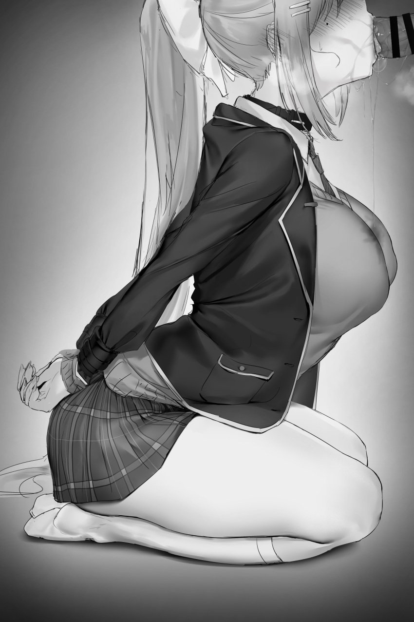 1boy :>= absurdres arched_back arms_behind_back blazer blush bound bound_wrists bow breasts breath cardigan collared_shirt faceless faceless_female fellatio female from_side greyscale hair_ornament hairbow hairclip highres higuchi_kaede jacket kneehighs large_breasts long_hair long_sleeves mole mole_under_eye monochrome necktie nijisanji open_clothes open_jacket oral penis plaid plaid_skirt pocket ponytail saliva saliva_trail sanuki_(kyoudashya) school_uniform seiza shirt simple_background sitting skirt socks solo_focus straight sunken_cheeks unseen_male_face very_long_hair virtual_youtuber