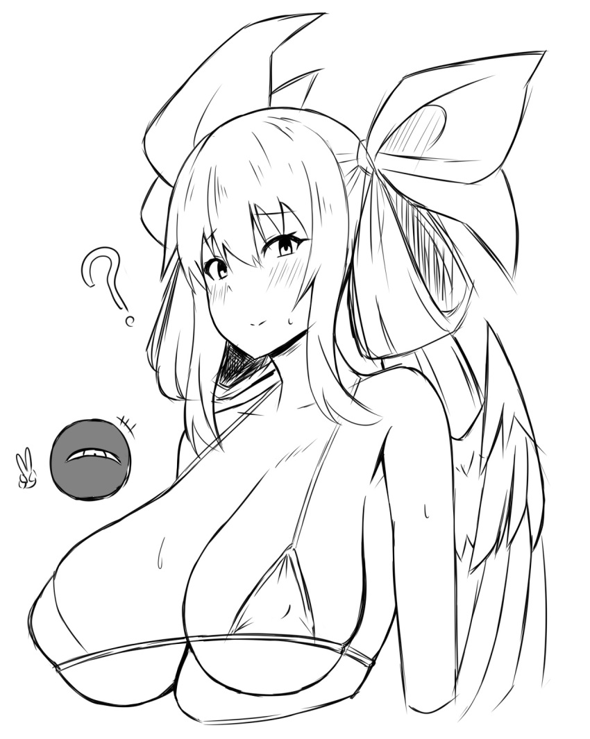 1girls ? angel_wings bangs bare_shoulders bikini bikini_top_only blush breasts breath collarbone dizzy_(guilty_gear) female fuuma_(bangolga1) greyscale guilty_gear hair_between_eyes hair_rings half-closed_eyes hand_on_own_chest highres kuromaru_(mugen) large_breasts long_hair looking_at_viewer m.u.g.e.n mature_female milf monochrome open_mouth sagging_breasts sideboob sidelocks single_wing skindentation solo steam steaming_body sweat sweatdrop swimsuit twintails underboob upper_body v wings