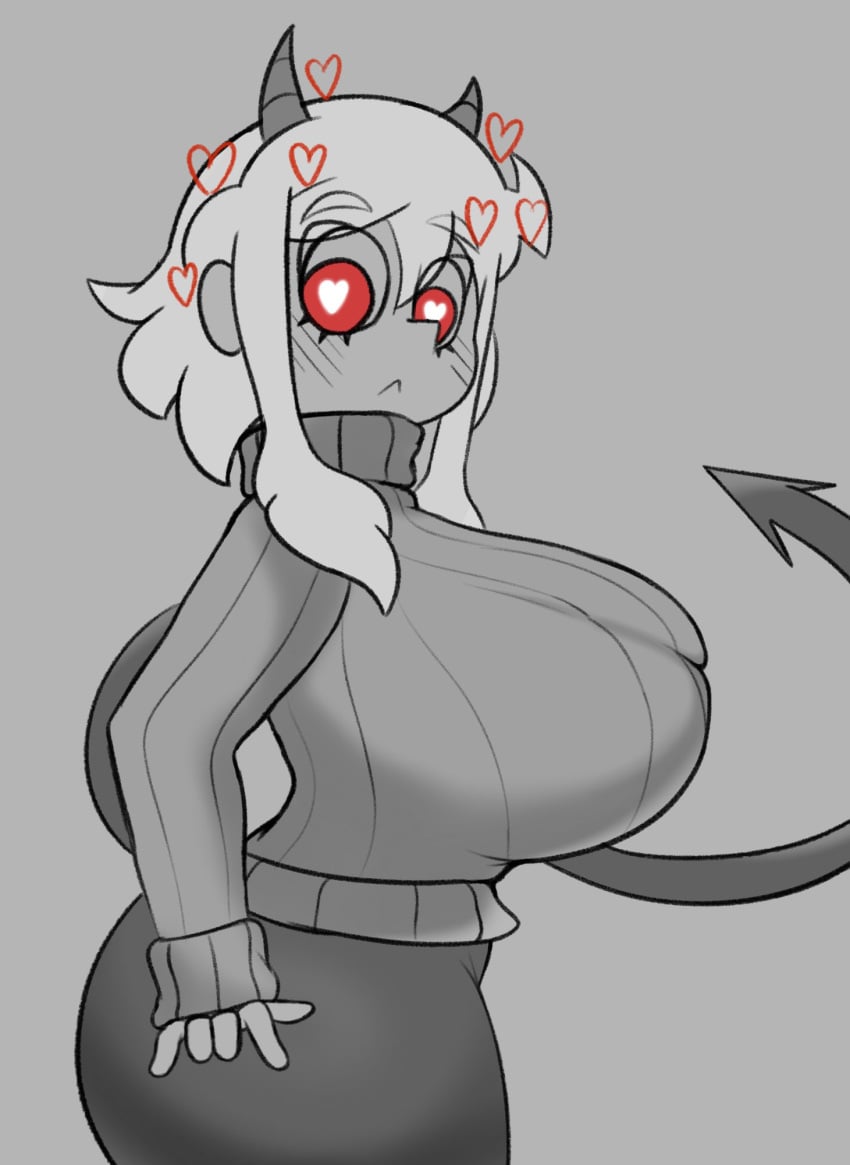 25circle big_breasts bra bra_lines breasts female greyscale helltaker huge_ass huge_breasts modeus_(helltaker) tagme tail