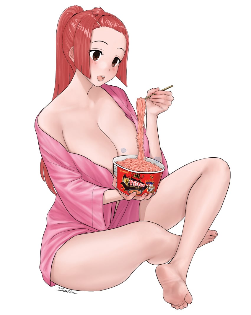 1girls aki-chan_(dismaiden) barefoot cleavage dismaiden eating feet female female_only huge_breasts light-skinned_female ramen