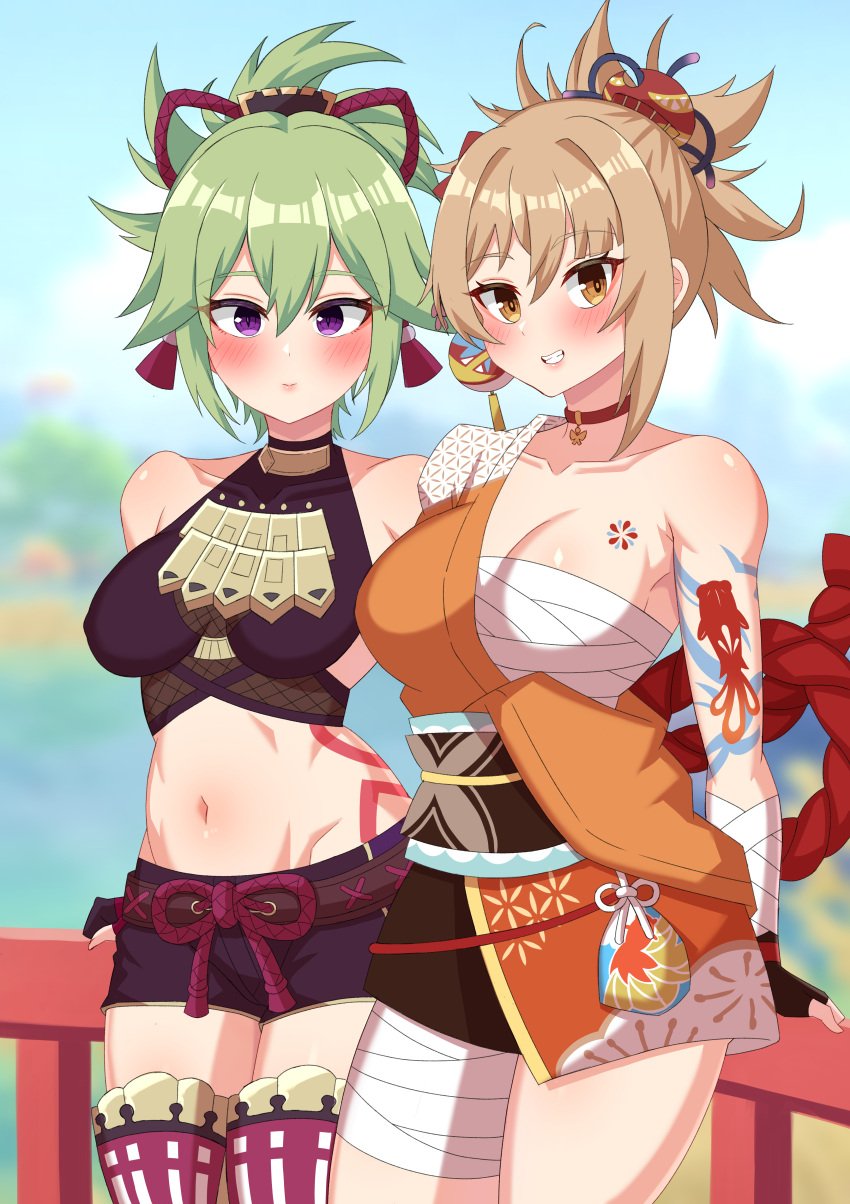 2girls big_breasts breasts clothed clothed_female clothing female female_only genshin_impact green_hair kuki_shinobu looking_at_viewer milssak multiple_girls navel purple_eyes yoimiya_(genshin_impact)