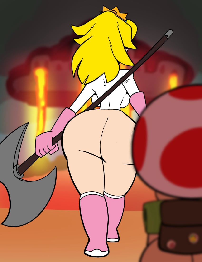 1boy 2022 ass backboob backpack backside bare_ass battle_axe big_ass big_breasts blonde_hair bodysuit bottom_heavy breasts edit edited faceless_female faceless_male fat_ass fat_butt female giant_ass holding_axe holding_weapon huge_breasts illumination_entertainment lava male mario_(series) massive_ass monamania nintendo pantyless_edit ponytail princess princess_peach royalty skintight_bodysuit super_mario_bros._(2023_film) thick_thighs thin_waist tikycuki2022_(art_editor) toad_(mario) wide_hips