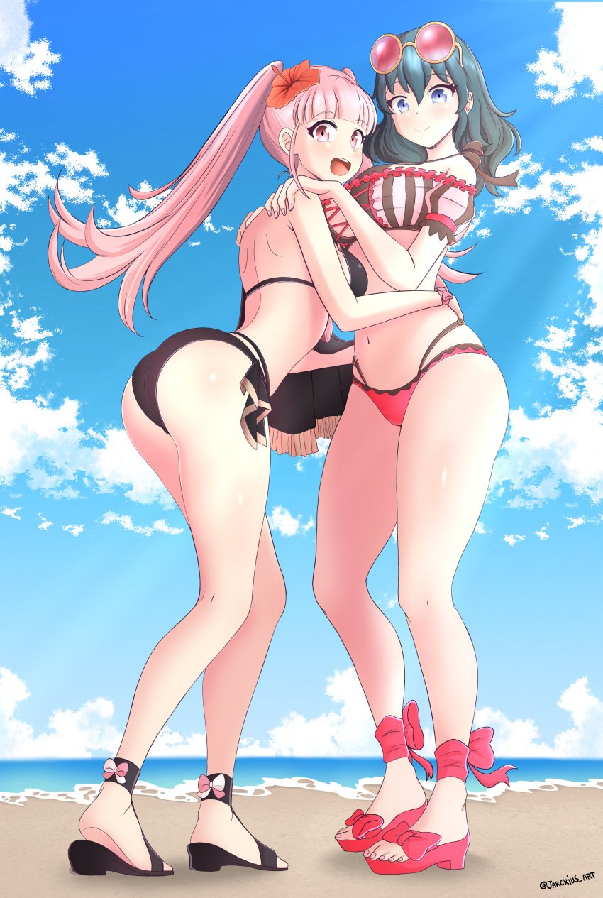 2girls alternate_costume alternate_version_available ass back beach big_ass bikini black_bikini black_sandals black_swimsuit blue_eyes blue_hair breasts byleth_(fire_emblem) byleth_(fire_emblem)_(female) byleth_(fire_emblem)_(female)_(cosplay) byleth_(summer)_(fire_emblem)_(female) cape clouds cosplay costume_switch eyewear_on_head female female_only fire_emblem fire_emblem:_three_houses fire_emblem_heroes flower flower_in_hair from_below hand_on_another's_shoulder heels hilda_valentine_goneril hilda_valentine_goneril_(cosplay) hilda_valentine_goneril_(summer) hug jarckius large_breasts layered_bikini layered_swimsuit light-skinned_female light_skin long_hair looking_at_viewer looking_down medium_hair midriff navel nintendo ocean open_mouth outdoors outfit_swap pink_bikini pink_eyes pink_hair pink_sandals pink_swimsuit sand sandals sky sunglasses sunglasses_on_head sunlight swimsuit teal_hair twintails water