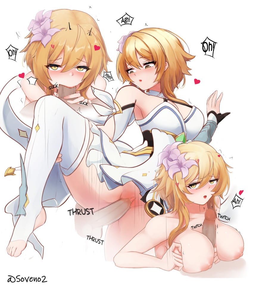 absurdres bangs blonde_hair blush commentary detached_sleeves dress english_commentary fellatio female genshin_impact heart highres lumine_(genshin_impact) multiple_views nipples oral paizuri sex sidelocks soveno stirrup_legwear straight thighhighs toeless_legwear white_dress white_thighhighs yellow_eyes