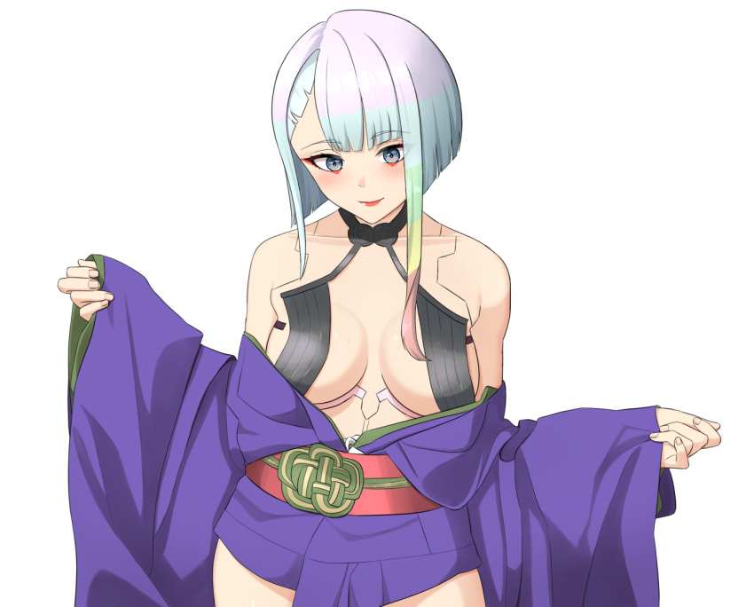 1girls big_ass cd_projekt_red cleavage cosplay crossover_cosplay cybernetics cyberpunk:_edgerunners cyberpunk_2077 cyborg dress_down fate_(series) female female_only large_breasts light-skinned_female lucyna_kushinada multicolored_hair netflix nude ptal short_hair shuten_douji_(fate) shuten_douji_(fate)_(cosplay) studio_trigger type-moon white_hair