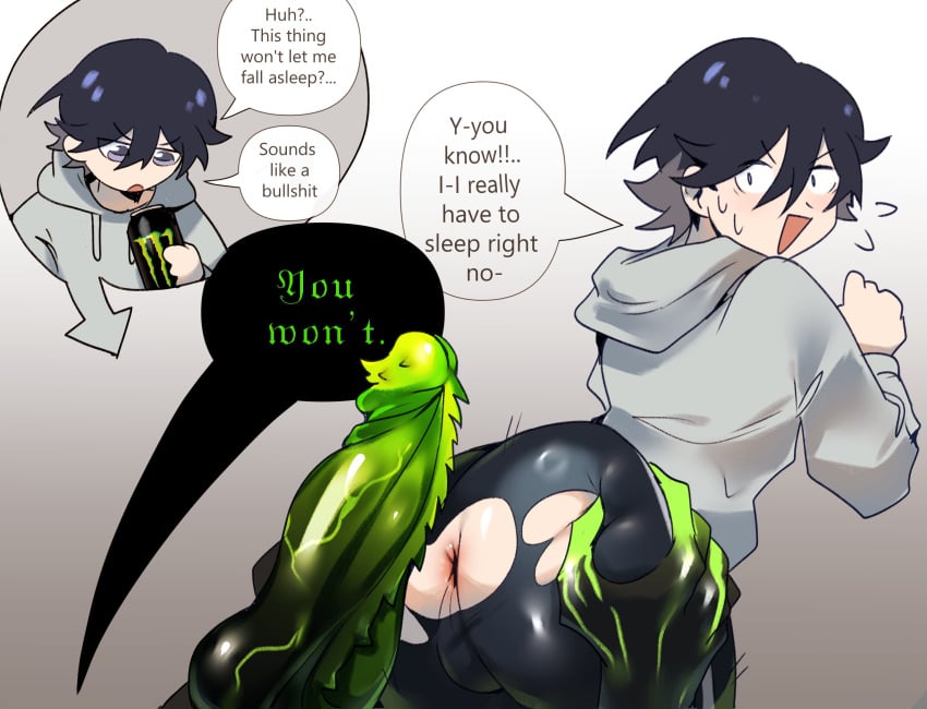 2boys anus ass captain_(dimansfw) dialogue dimansfw femboy gay girly huge_cock imminent_anal imminent_sex looking_back male_only monster_energy original ripped_clothing text trap yaoi