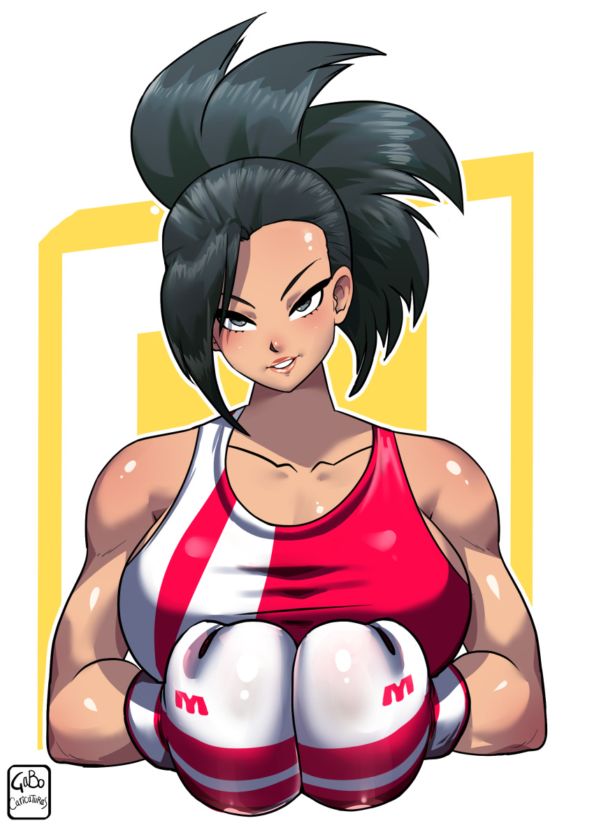 1girls alternate_version_available black_hair boxing boxing_gloves breasts female female_only gabocaricaturas gloves half-closed_eyes light-skinned_female light_skin lips looking_at_viewer momo_yaoyorozu muscular_female my_hero_academia solo sports_bra tied_hair two-tone_boxing_gloves two_tone_bra upper_body white_boxing_gloves white_gloves