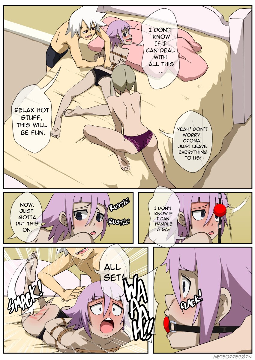 androgynous arms_behind_back ass ball_gag barefoot bi_domination bisexual black_eyes blonde_hair blush blushing bondage butt_slap comic comic_page crona_(soul_eater) feet female femboy femdom feminine_male gag gagging gay_domination green_eyes maka_albarn male male_and_female_doms maledom malesub meteorreb0rn mmf mmf_threesome multiple_boys multiple_doms pale_skin pink_hair rape red_eyes rope soles soul_eater soul_eater_evans spanking straight threesome toes topless underwear underwear_only white_hair white_skin yaoi