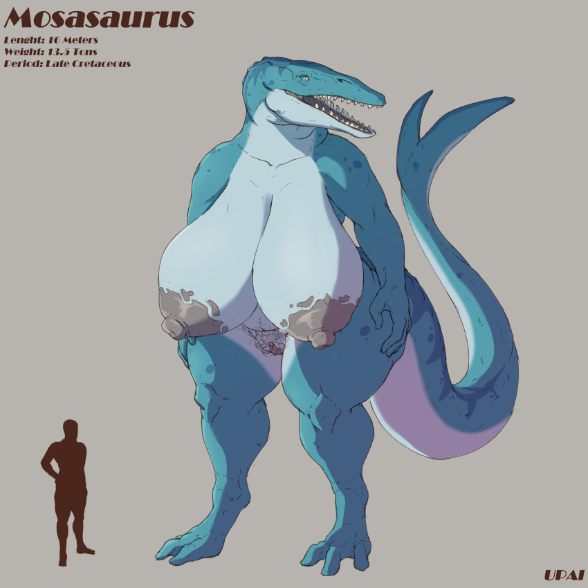 1:1 absurd_res ambiguous_gender anthro artist_name big_breasts blue_body blue_breasts blue_eyes breasts dinosaur duo female genitals grey_background grey_breasts grey_nipples hi_res huge_breasts humanoid_genitalia humanoid_pussy looking_at_viewer marine mosasauroid mosasaurus nipples nude open_mouth pubes pussy reptile scalie sharp_teeth simple_background standing teeth upai