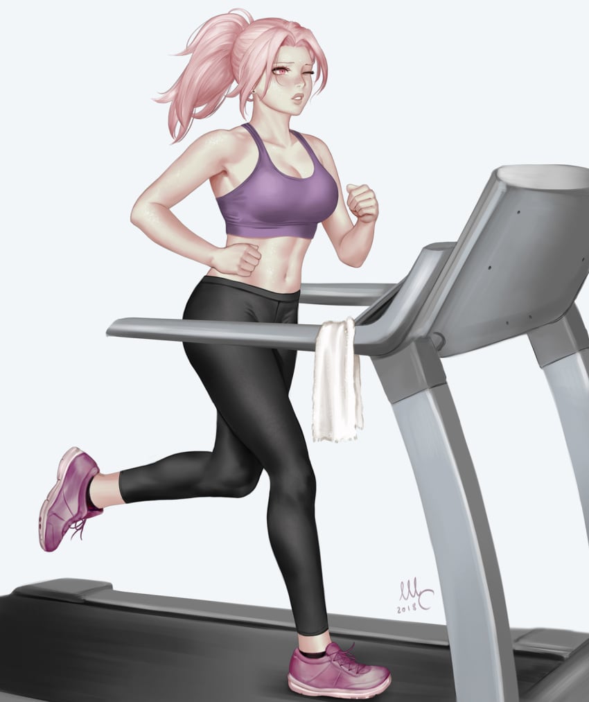 chloe_(sciamano240) freckles hi_res mirco_cabbia oc original original_character pink_eyes pink_hair running sciamano240 sports_bra sports_uniform sportswear