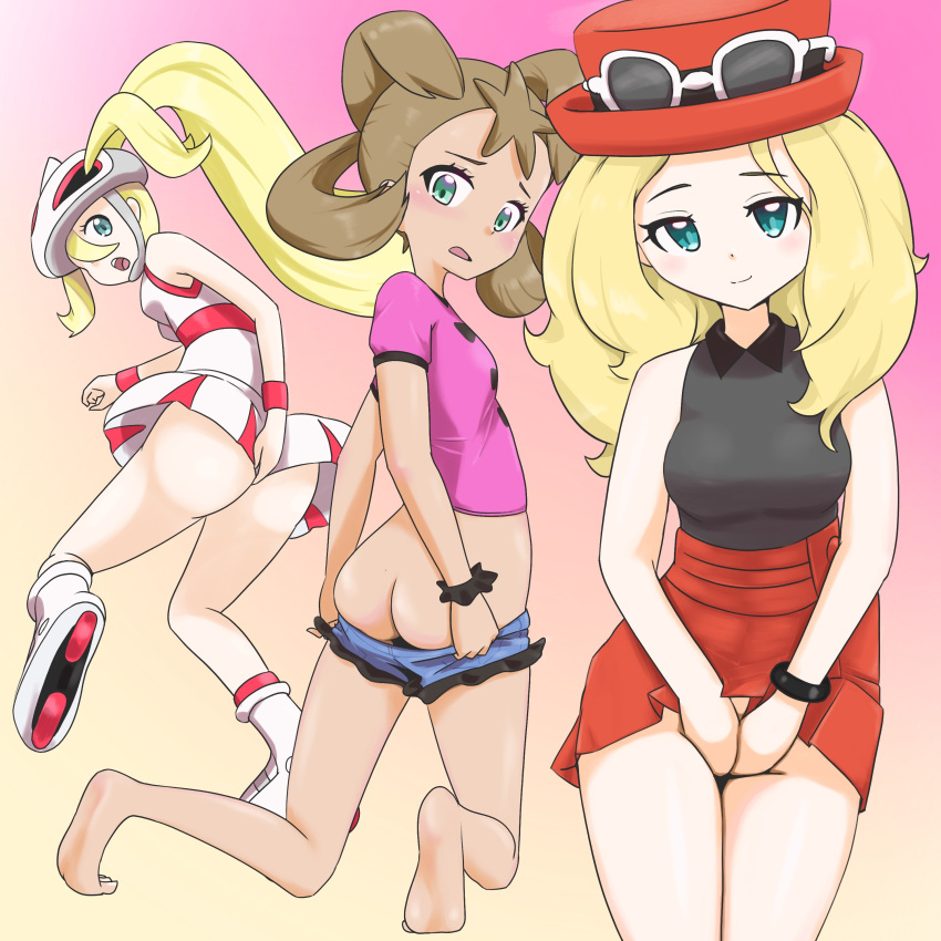 3girls ass blonde_hair blue_eyes blush bottomless breasts brown_hair female female_only game_freak green_eyes hat korrina_(pokemon) long_blonde_hair long_ponytail looking_at_viewer looking_back_at_viewer mega_ring microsd_(artist) multiple_girls nintendo open_mouth pantyless pokemon pokemon_xy ponytail pulling_down_shorts rollerblades serena_(pokemon) serena_(pokemon_games) shauna_(pokemon) skirt sunglasses sunglasses_on_hat