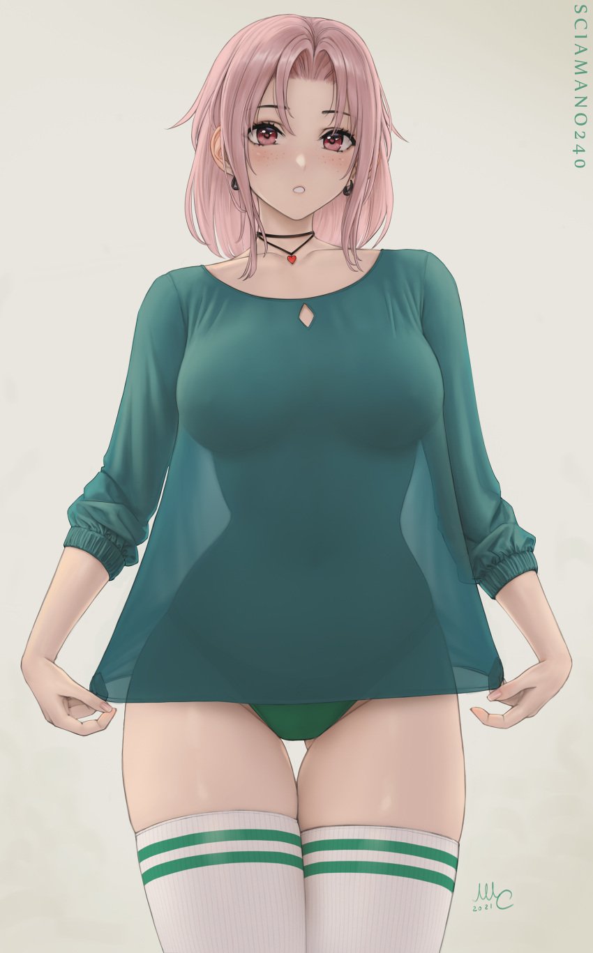 1girls big_breasts chloe_(sciamano240) choker freckles hartman_hips hi_res light-skinned_female light_skin looking_at_viewer mirco_cabbia oc original original_character pink_eyes pink_hair sciamano240 see-through_clothing shy slim_waist thighhighs wide_hips