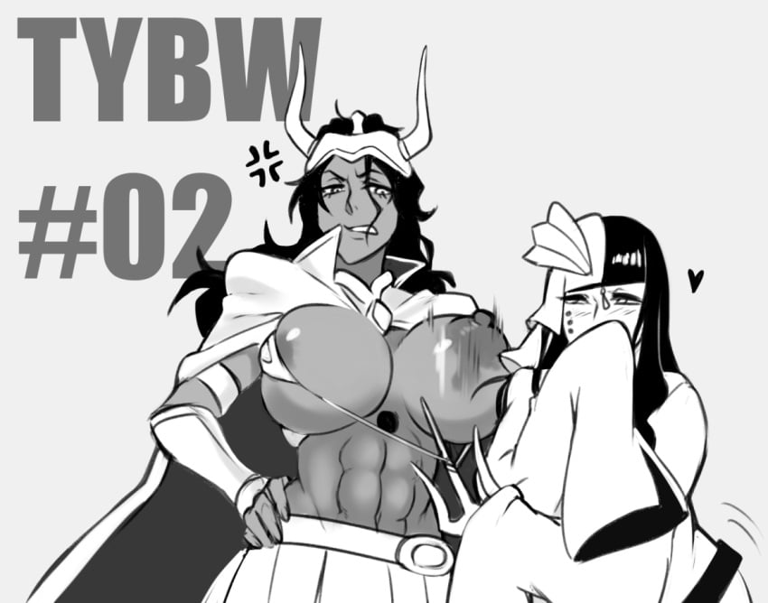 2girls abs anger_vein angry annoyed baggy_clothing big_breasts bikini bikini_pull bikini_top black_and_white bleach bleach:_the_thousand-year_blood_war blush breasts cape cutting cutting_clothes cyan_sung-sun dark-skinned_female dark_skin female female/female female_only greyscale helmet horns implied_yuri interracial kimono light-skinned_female light_skin long_sleeves metalling mila_rose monochrome multiple_girls one_breast_out pulled_by_another revealing_clothes skirt spoken_heart toned toned_female wide_sleeves yuri