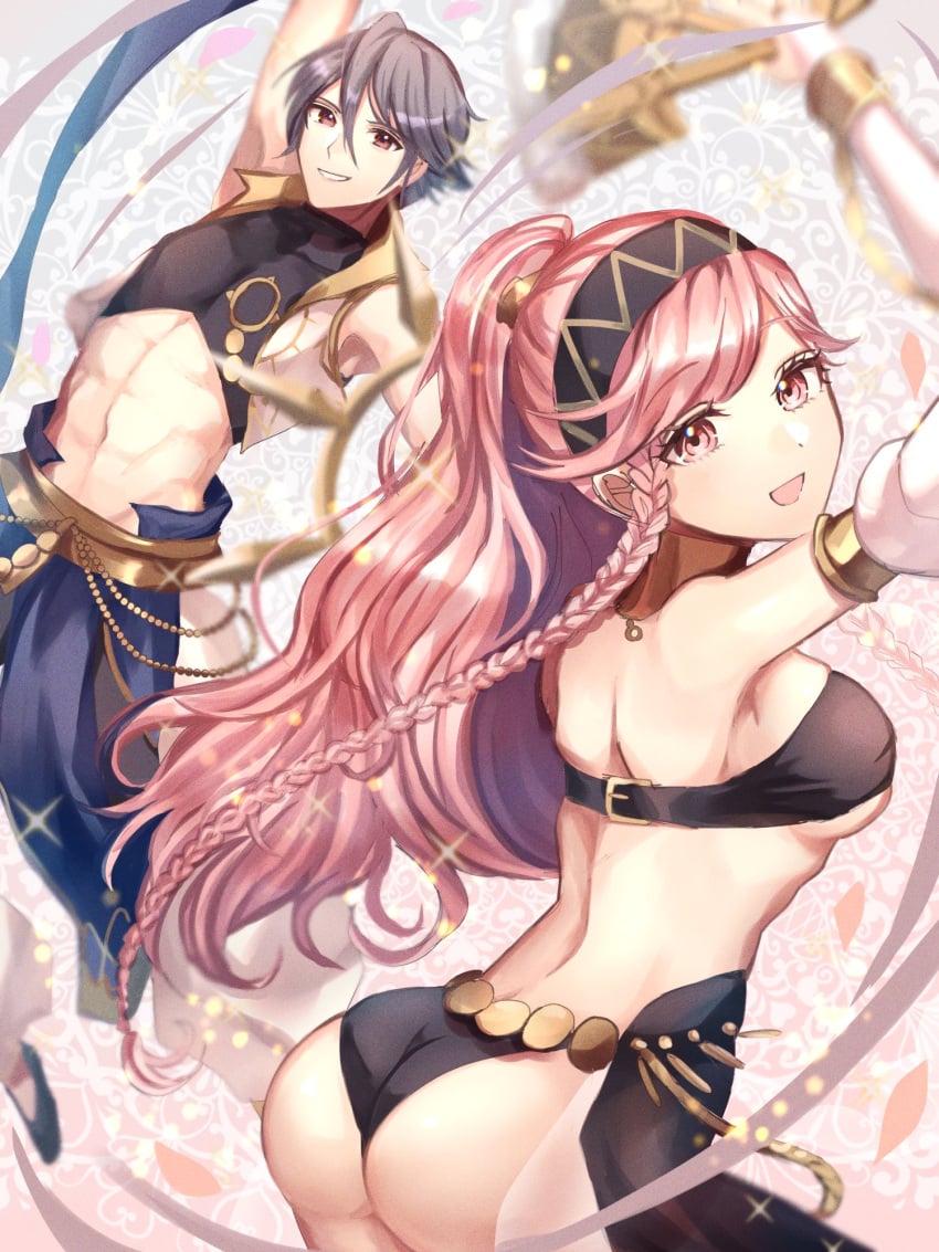 1boy 1girls abs alternate_costume arm_up ass bangs black_bra black_hairband black_panties blue_pants bra braid breasts brown_eyes commentary_request cropped_jacket dancer dancing detached_sleeves female fire_emblem fire_emblem_awakening fire_emblem_heroes grey_hair grin hair_between_eyes hairband hand_fan highres holding holding_fan inigo_(fire_emblem) inigo_(performing_arts)_(fire_emblem) jacket long_hair looking_at_viewer male medium_breasts midriff mother_and_son muscular muscular_male navel nintendo official_alternate_costume olivia_(fire_emblem) olivia_(performing_arts)_(fire_emblem) panties pants pink_eyes pink_hair ponytail short_hair sleeveless smile stomach underwear very_long_hair white_jacket white_sleeves youhei_choregi