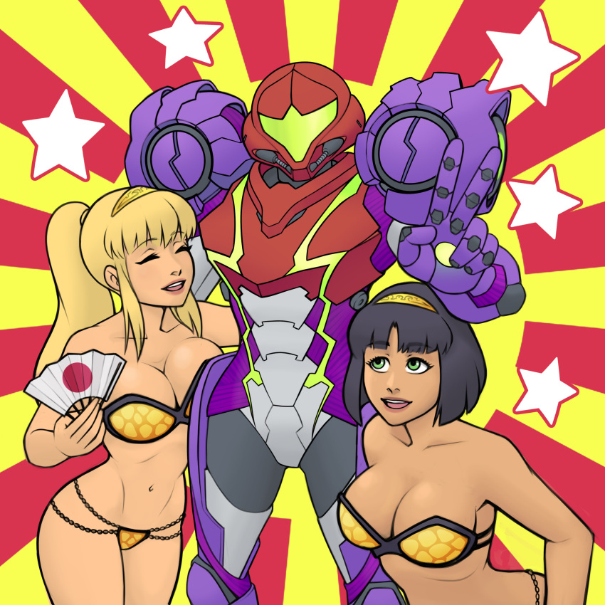 3girls bikini black_hair blonde_hair bob_cut breasts closed_eyes female female_only folding_fan gravity_suit green_eyes guilhermerm metroid metroid_dread nintendo paper_fan peace_sign ponytail power_armor power_suit redraw samus_aran smile stars tan_skin yuri