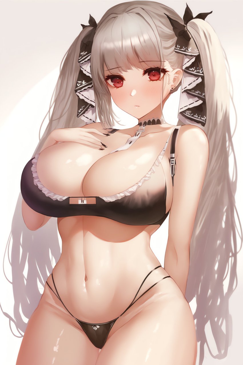 1girls ai_generated azur_lane bra breasts female formidable_(azur_lane) large_breasts light-skinned_female light_skin long_hair midjourney nijijourney panties red_eyes twintails white_hair