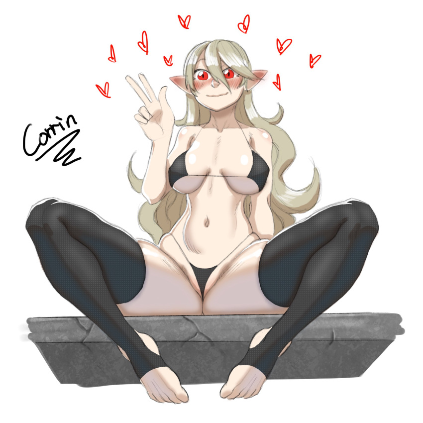 1girls bikini blush breasts corrin_(fire_emblem) corrin_(fire_emblem)_(female) feet female fire_emblem fire_emblem_fates makinakid navel nintendo solo toes v v_sign