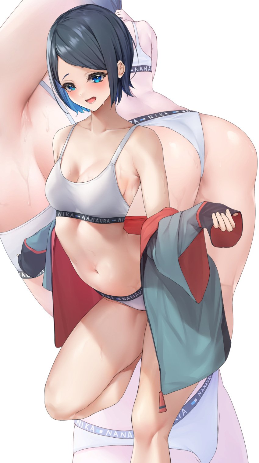 ass belly blue_eyes blue_hair blush bra cleavage covered_nipples eyebrows eyelashes gundam gundam_suisei_no_majo looking_at_viewer medium_breasts multiple_images multiple_scenes multiple_views navel nika_nanaura open_mouth panties short_hair sports_bra sportswear standing standing_on_one_leg sweat sweatdrop thighs underwear white_bra white_panties white_sports_bra zah_takara