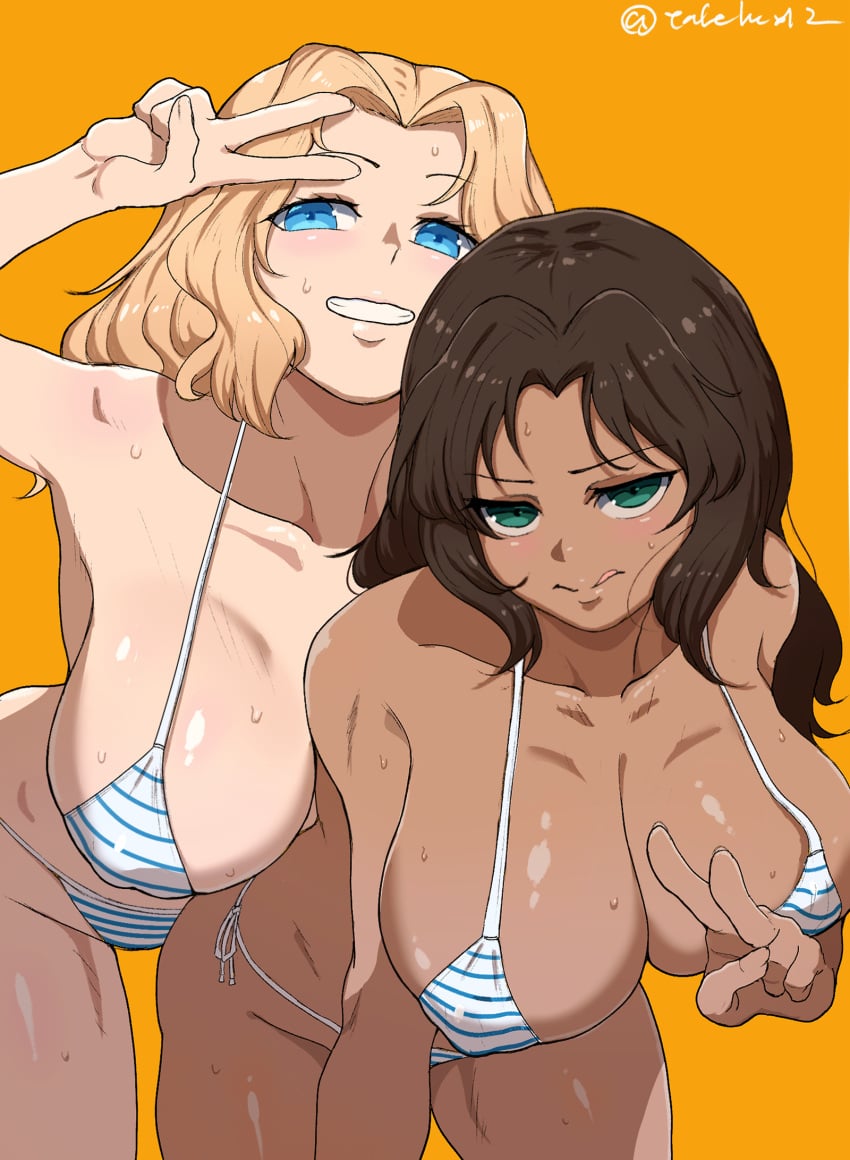 2girls armpits bikini blonde_hair blue_eyes breast_hold breasts brown_hair cleavage dark-skinned_female dark_skin duo el_(girls_und_panzer) erect_nipples erect_nipples_under_clothes girls_und_panzer green_eyes huge_breasts kay_(girls_und_panzer) large_breasts light-skinned_female light_skin looking_at_viewer matching_hair/eyes matching_outfit micro_bikini multiple_girls swimsuit takefu_jiin thighs