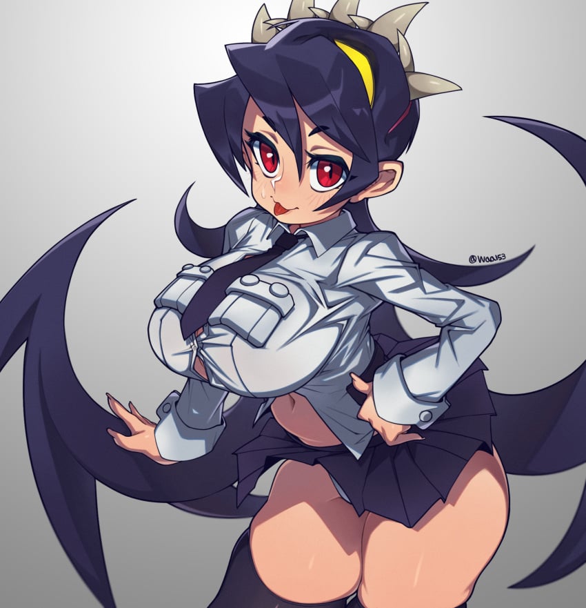 1girls bangs belly belly_button big_breasts black_hair black_skirt black_tie blush breasts chubby chubby_female filia_(skullgirls) grey_background light-skinned_female light_skin parasite red_eyes samson_(skullgirls) school_uniform schoolgirl sharp_teeth signature skirt skullgirls smile solo_female sticking_out_tongue sweatdrop teeth thick_thighs thighhighs tie tongue_out twitter_username waa153 yellow_eyes