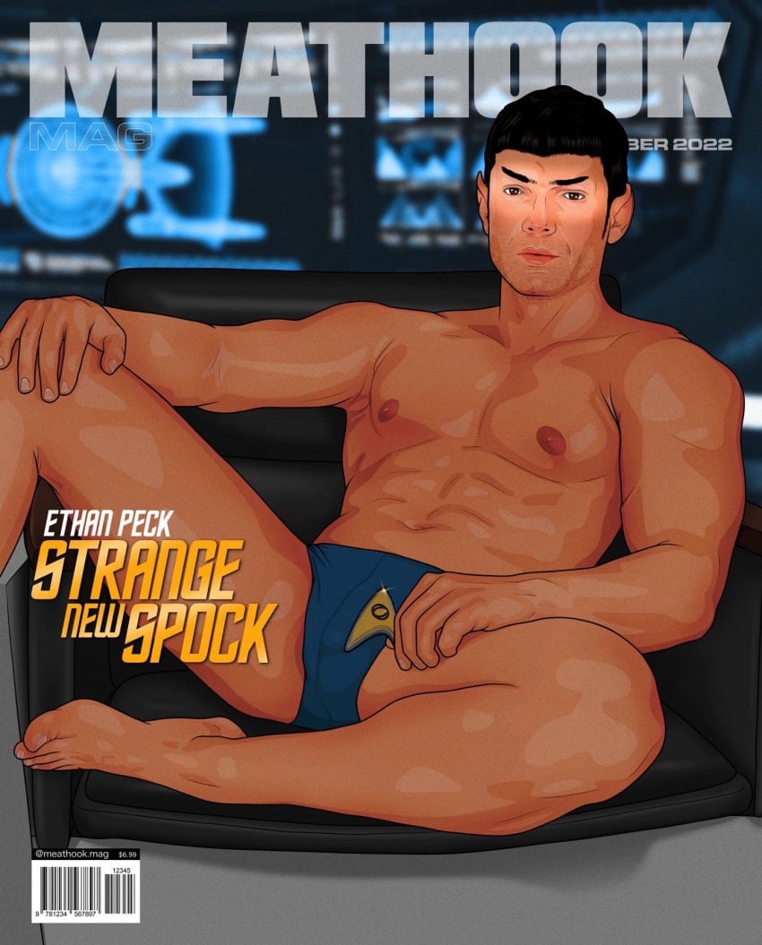 actor bulge celebrity english_text ethan_peck in_character looking_at_viewer magazine_cover male male_only meathook_magazine muscles muscular muscular_male pointy_ears posing spock spread_legs star_trek star_trek:_discovery_(2019) star_trek:_strange_new_worlds underwear underwear_only