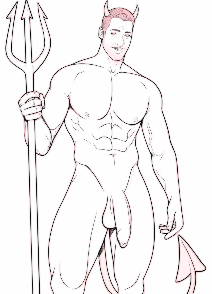 actor black_and_white celebrity drawnpr0n flaccid flaccid_penis horns in_character looking_at_viewer lucifer_(tv_series) lucifer_morningstar_(dc) male male_only muscles muscular muscular_male sketch tom_ellis uncolored uncut wip