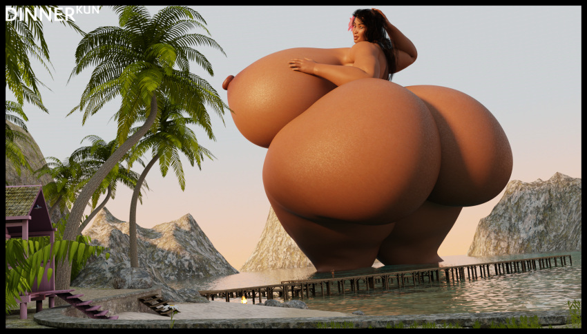 1girls 3d ass ass_bigger_than_body ass_bigger_than_breasts ass_bigger_than_head ass_bigger_than_torso beach big_ass big_breasts black_hair breasts breasts_bigger_than_body breasts_bigger_than_head breasts_bigger_than_torso bubble_ass bubble_butt colossal_ass digital_media_(artwork) dinner-kun enormous_ass enormous_breasts female female_only flower_in_hair giantess gigantic_ass gigantic_breasts hand_on_breast hand_on_head highres huge_ass huge_breasts hyper hyper_ass hyper_breasts lali_(dinner-kun) massive_ass massive_breasts outdoors outside palm_tree sideboob solo tree water watermark