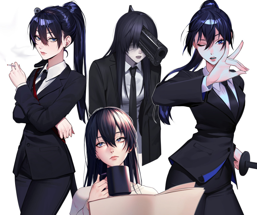 1girls big_breasts black_hair book chainsaw_man cigarette clothed drink drinking_glass female female_only fully_clothed gun gun_devil_(chainsaw_man) hayakawa_aki katana lavelis looking_at_viewer mappa office_lady rule_63 serious serious_look shounen_jump suit suit_and_tie tie tight_clothing