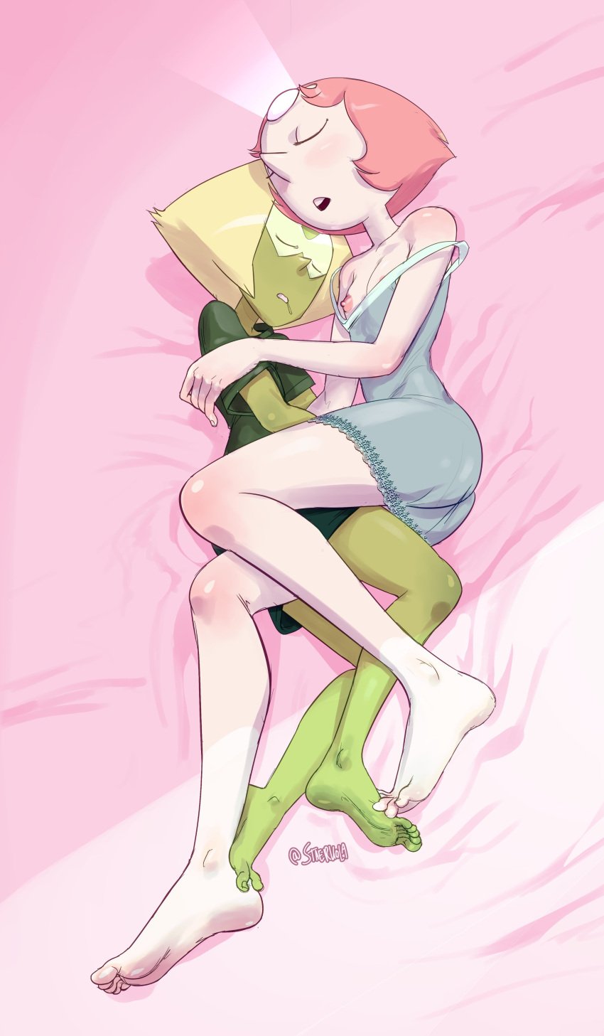 2d 2girls asleep barefoot casual cuddling cute feet feet_together female female_only foot_fetish footsie multiple_girls nipples no_penetration no_sex pearl_(steven_universe) peridot_(steven_universe) sleeping snuggling soles splayed_toes staerk steven_universe steven_universe_future toes wholesome yuri