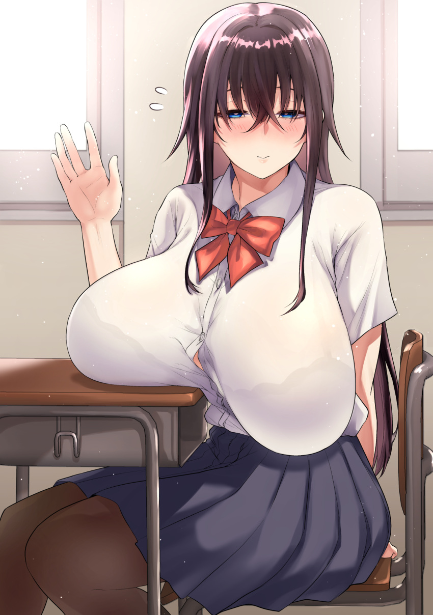 1girls 2d 2d_(artwork) 2d_artwork arms_behind_back big_breasts black_hair blue_eyes blue_skirt blush blush_lines blushing blushing_at_viewer bow bowtie bra bra_visible_through_clothes breast_rest breasts breasts_apart breasts_bigger_than_head breasts_bigger_than_torso breasts_on_table button_gap buttoned_shirt chair classroom closed_mouth dangling_breasts dark_blue_eyes desk female female_focus female_only flustered flying_sweatdrops gesture hair_between_eyes hanging_breasts hi_res high_resolution highres huge_breasts indoors large_breasts light-skinned_female light_particles light_skin lips long_breasts long_hair long_skirt looking_at_viewer low_hanging_breasts massive_breasts neck_ribbon only_female original pantyhose pendulous_breasts pleated_skirt red_ribbon ricochet-gou rikosyegosub sagging_breasts school_chair school_desk school_uniform schoolgirl see-through see-through_clothing see-through_top see_through shiny shiny_hair shirt shy sitting skirt solo sweat sweatdrop sweating sweaty swinging_breasts table timid underwear uniform waving white_shirt window