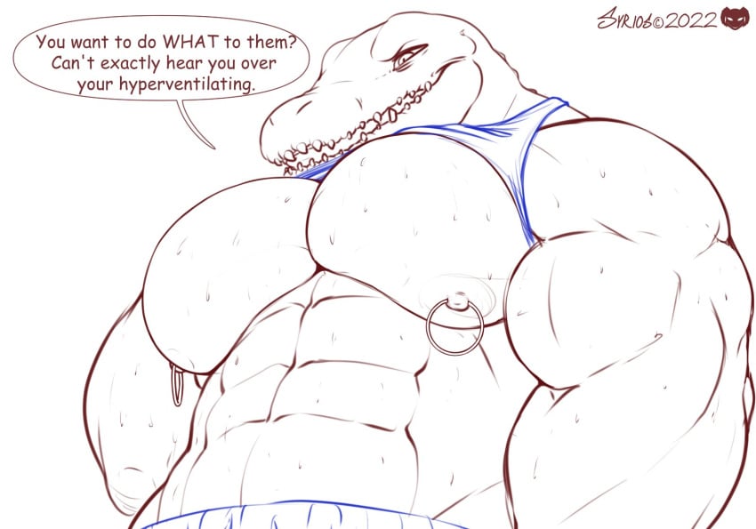 abs beck crocodilian human line_art male male_only muscular nipple_piercing nipples pecs reptile solo solo_focus sweat syrios text