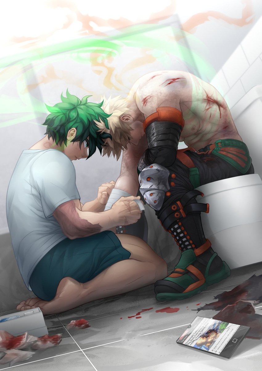 bakudeku bakugou_katsuki bandages bare_legs barefoot bathroom bathtub bite_mark blonde_hair blood boku_no_hero_academia bones_(company) boots cellphoe feet freckles green_eyes green_hair indoors izuku_midoriya katsuki_bakugou keiitllyn legs midoriya_izuku my_hero_academia scar scar_on_arm scratches shirt shorts shounen_jump sitting soles superhero_costume toes toilet toned yaoi