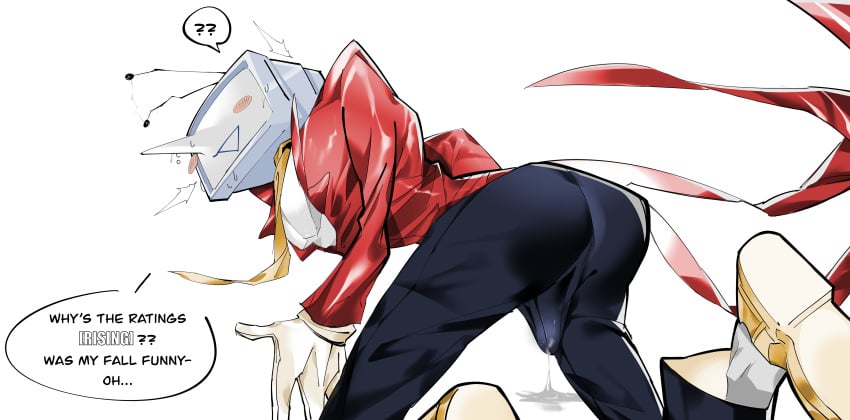 1boy ass deltarune deltarune_chapter_3 embarrassed goofy_smile leaking_cum male male_only penis_through_clothing rear_view solo suit_and_tie tenna_(deltarune) tv tv_head