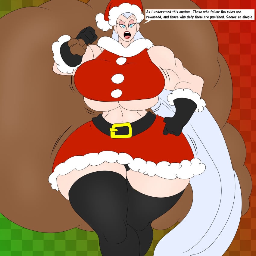 bag big_breasts checkered_background christmas dc dc_comics denizen1414 gloves mala_(kryptonian) sack simple_background superman_(series) text thick_thighs underboob wide_hips