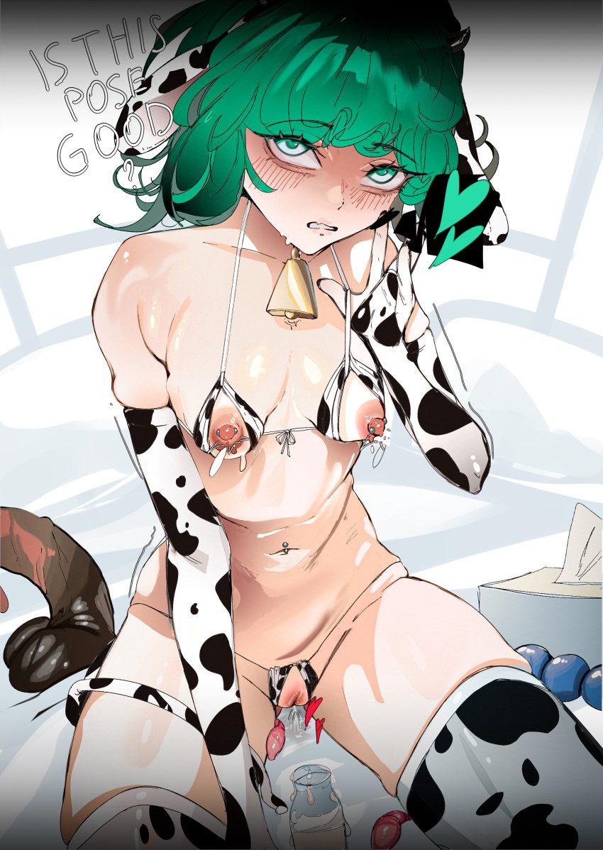 1girls anime_style bedroom belly belly_button belly_button_piercing condom condom_wrapper cosplay costume cow_ears cow_print creampie cute cute_face flushed flustered green_eyes green_hair hi_res highres kaiserart nipple_piercing nipples one-punch_man petite petite_body petite_female petplay pussy shy sitting sitting_on_bed small_breasts small_waist smaller_female tagme tail tatsumaki thick_thighs thighhighs thighs