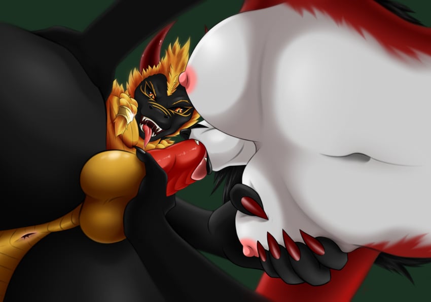 2018 anthro anthro_on_anthro anthro_penetrated anthro_penetrating anthro_penetrating_anthro anus areola balls black_body black_nose breast_grab breasts canid canine claws dragon duo erection fellatio female female_penetrated fiereaux_(jake-dragon) fox fur genitals hand_on_breast holding_penis horn interspecies jake-dragon_(artist) looking_down low-angle_view male male/female male_penetrating male_penetrating_female mammal multicolored_body multicolored_fur mythological_creature mythological_scalie mythology nipples nude oral oral_penetration penetration penile penis penis_in_mouth red_body red_fur scalie sex sucking teeth tongue tongue_out two_tone_body two_tone_fur