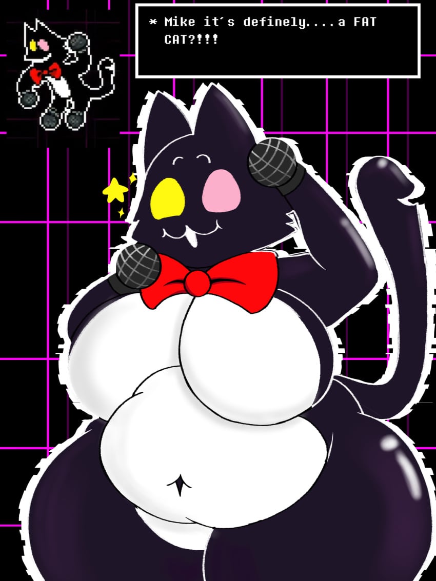 3:4 anthro ass big_breasts big_butt breasts deltarune electronics felid feline female hi_res lilith_bz_(artist) looking_at_viewer mammal microphone overweight overweight_anthro pluey_(deltarune) simple_background slightly_chubby solo undertale_(series)