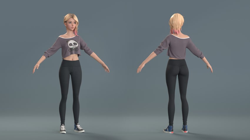1girls 3d_(artwork) 3d_model asymmetrical_hair athletic_female black_yoga_pants blonde_female female female_focus gwen_stacy gwendolyn_maxine_stacy hydrafxx marvel marvel_comics model_sheet round_ass slim_waist solo spider-gwen t-shirt t_pose toned_female yellow_hair yoga_pants