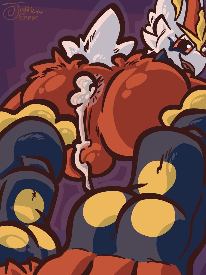 3:4 3_toes anthro anus ass balls big_butt big_ears bodily_fluids cinderace cum cum_drip cum_in_ass cum_inside cum_leaking_out cum_on_balls dripping eyelashes feet fluffy fluffy_butt fluffy_tail foot_fetish foot_focus generation_8_pokemon genital_fluids genitals glistening glistening_body glistening_butt glistening_genitalia grin hi_res hindpaw judasthesinner lagomorph leaking_cum leporid male mammal nintendo pawpads paws pink_anus pokemon pokemon_(species) presenting presenting_anus presenting_hindquarters rabbit red_eyes simple_background smile smiling_at_viewer solo solo_focus tail thick_eyelashes thick_thighs toes wide_hips