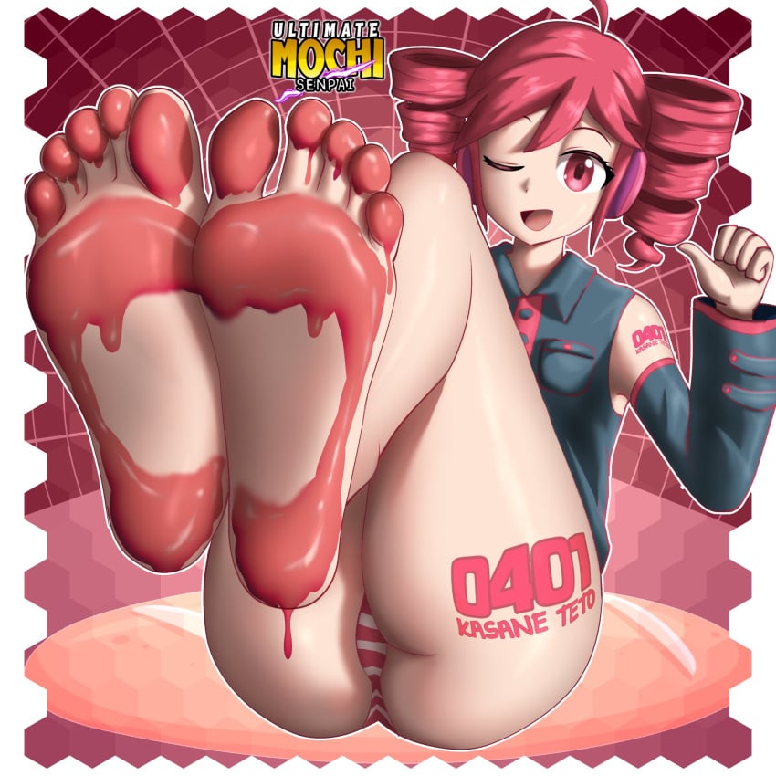 1girls 2d 2d_(artwork) ahoge arm_tattoo artist_logo artist_name ass big_ass clothing detached_sleeves detailed_background feet female female_only foot_fetish headgear kasane_teto large_ass one_eye_closed open_mouth paint paint_on_feet panties pointing_at_self presenting presenting_feet red_eyes red_hair sempaimochi sitting soles solo solo_female striped_panties tattoo tattoo_on_butt thick_thighs thighs toes twin_drills utau wide_hips
